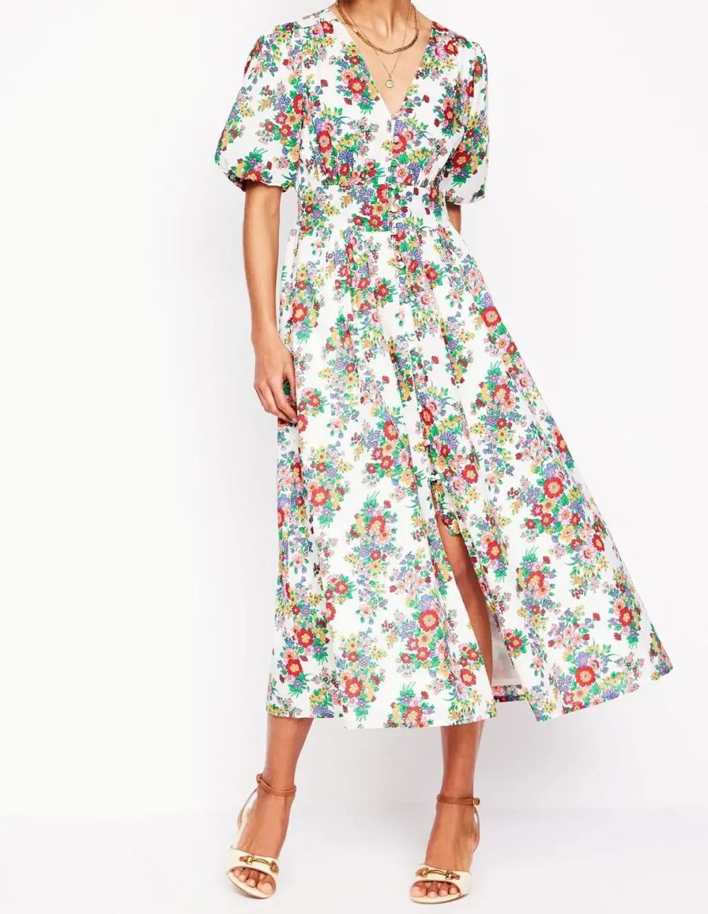 White and Pink Floral Short - Sleeve Wrap Dress