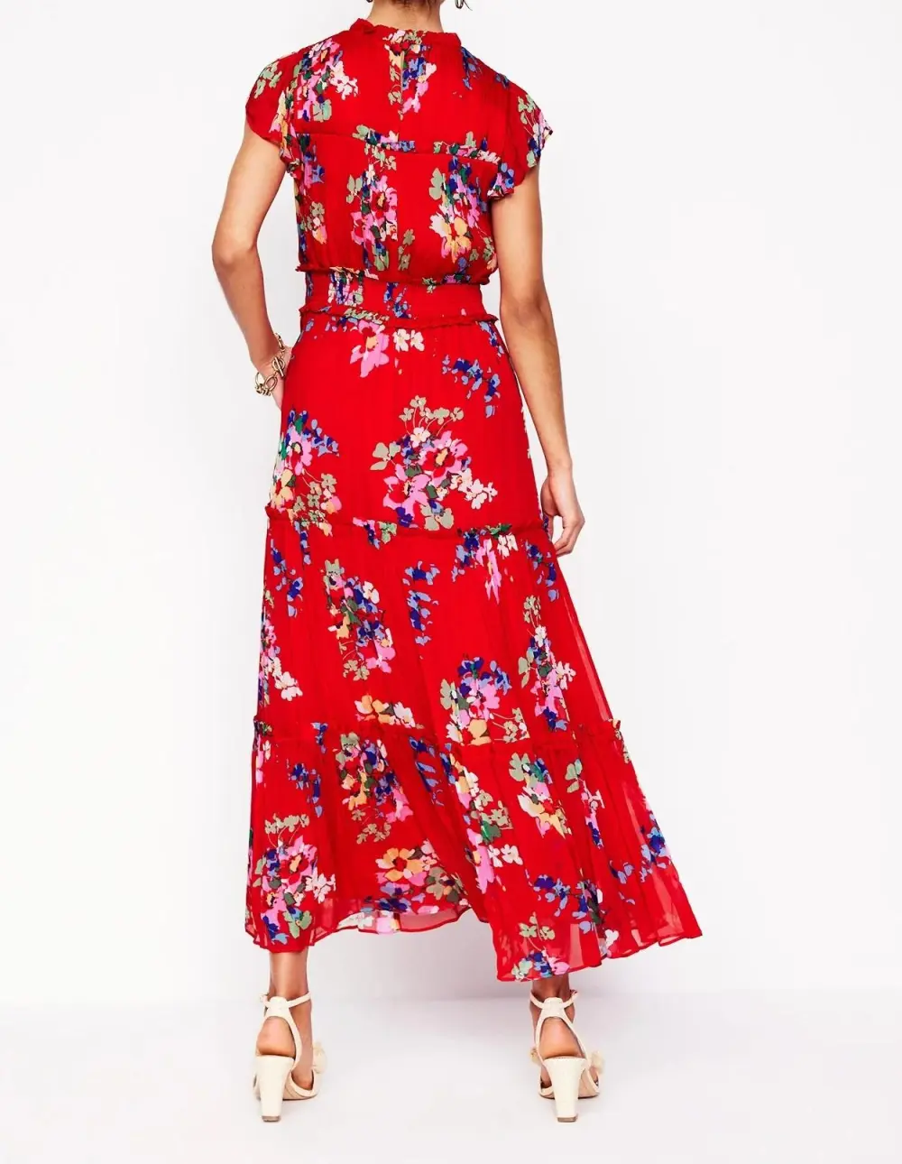 Red Floral High - Neck Midi Dress