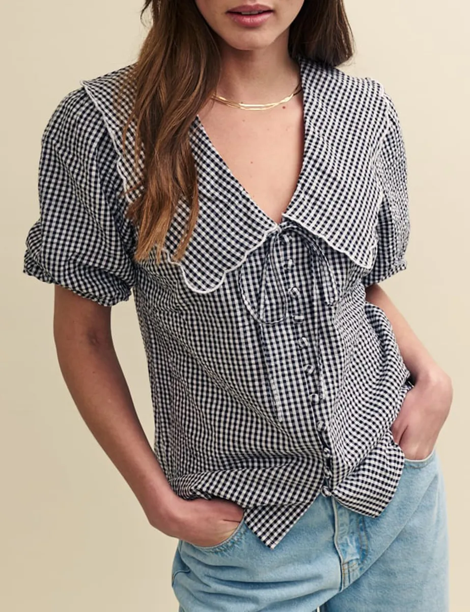 Black Gingham Pan Collar Short Sleeve Blouse