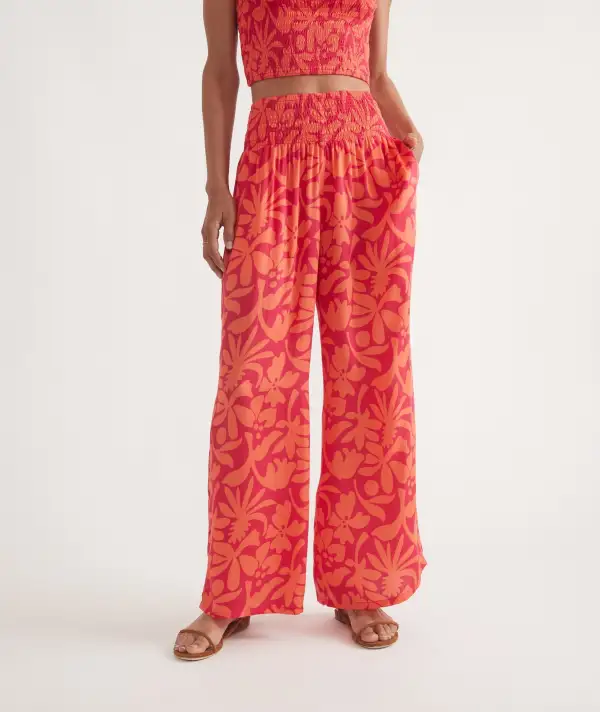 Coral Floral Print Palazzo Trousers