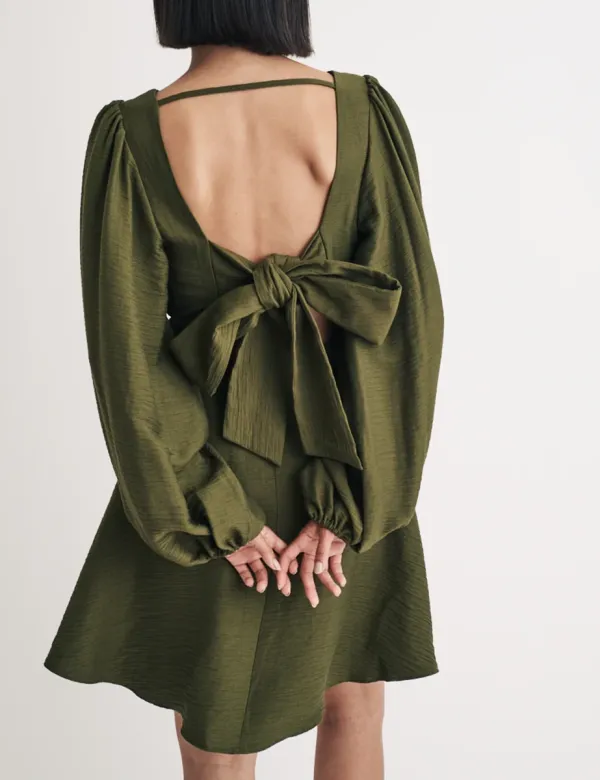 Olive Green Linen-blend Long Sleeve Shift Mini Dress