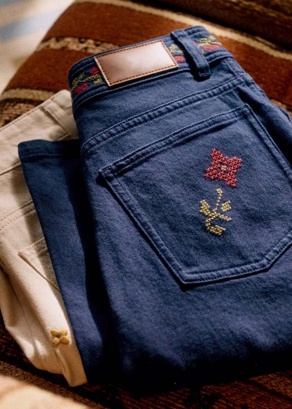 Embroidered Wide-Leg Flared High-Waist Trousers