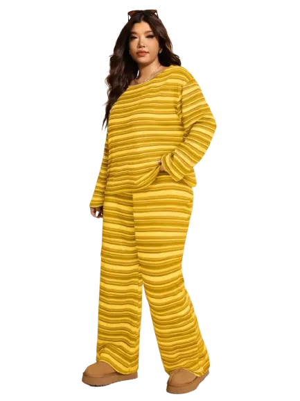 Plus Size Women's Winter Off-Shoulder Striped 2pc Set