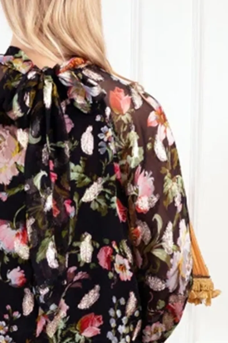 Floral Printed Sheer Deep V Neck Shirts