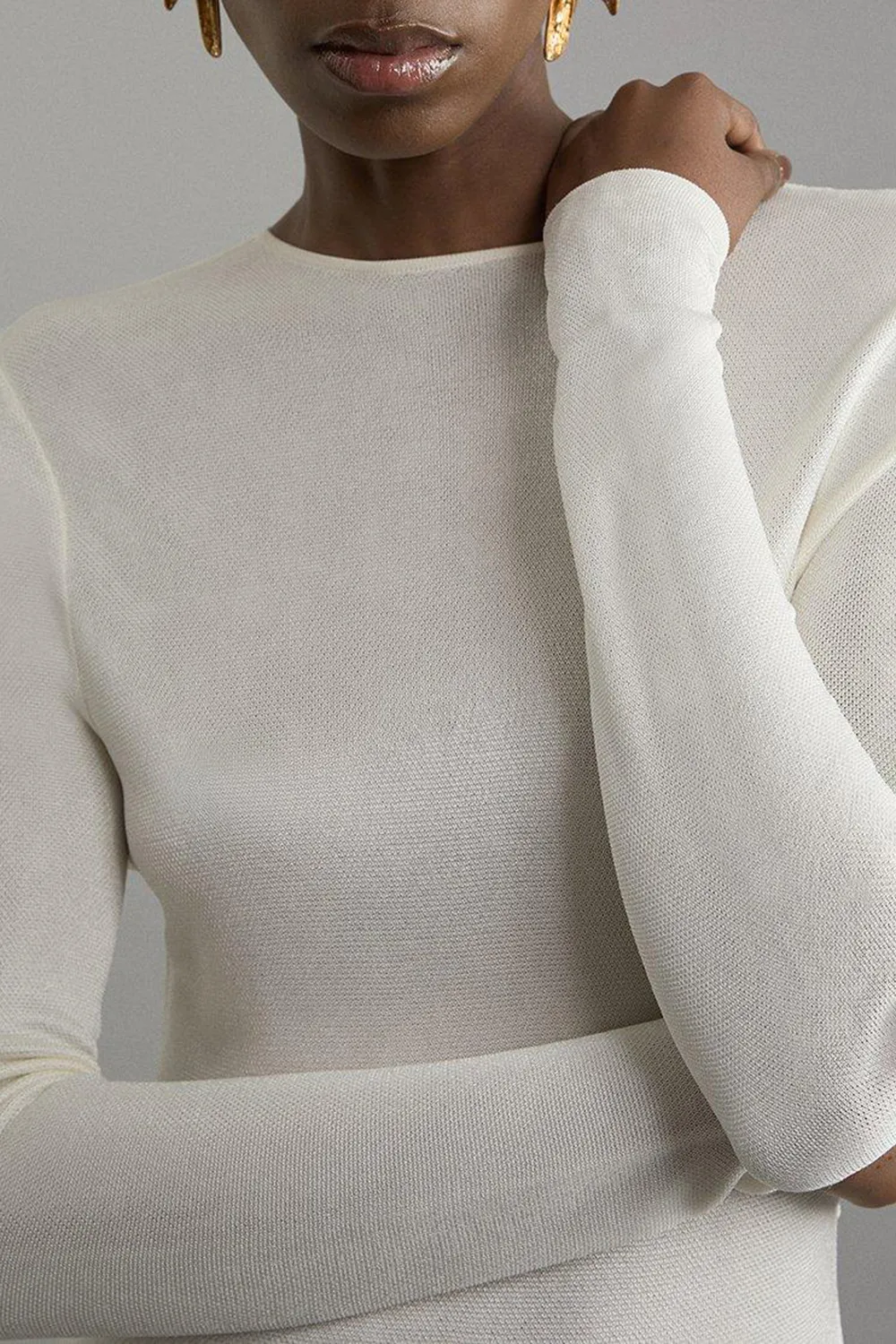 Viscose Blend Slinky Sheer Lace Detail Asymmetric Knit Midaxi Dress