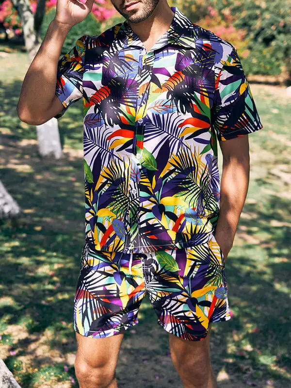 Men'S Hawaiian Print Short-Sleeved Casual Button-Front Resort Shirt + Casual Shorts Two-Piece Set