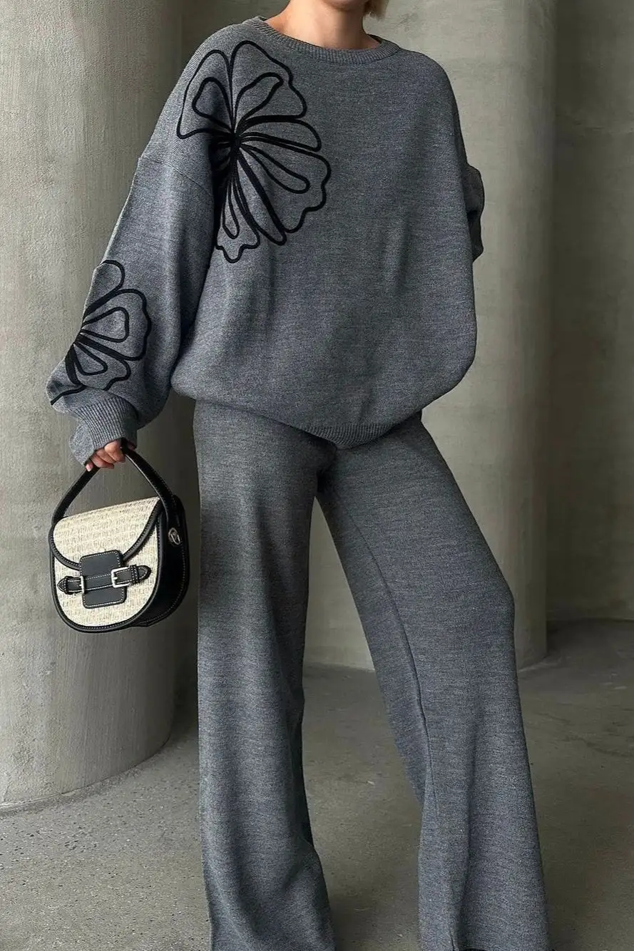 Casual Round Neck Knit Sweater with Pants Two Piece Pants Set