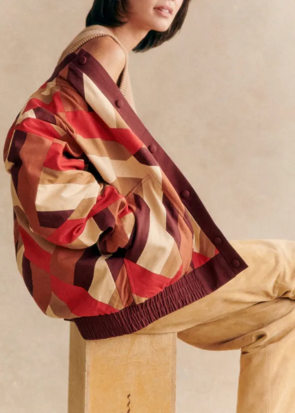 Patchwork Red Brown Long Sleeve BomberJacket