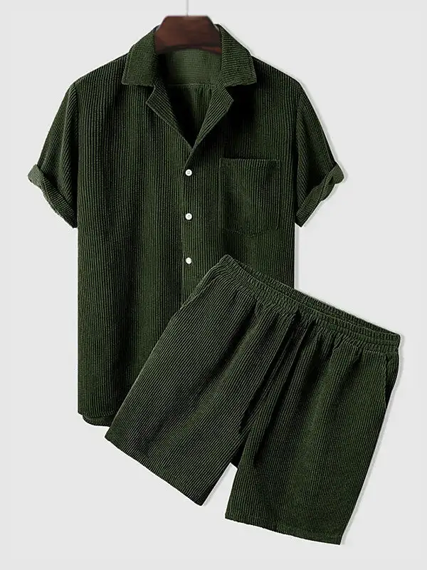 Men'S Retro Corduroy Casual Lapel Solid Button Short Sleeve Shirt Shorts Set