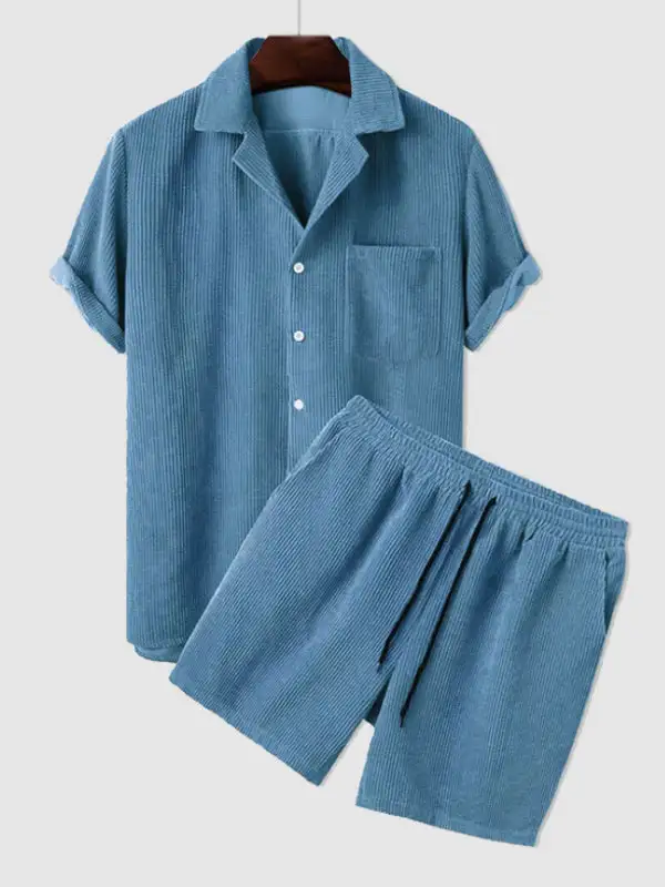 Men'S Retro Corduroy Casual Lapel Solid Button Short Sleeve Shirt Shorts Set