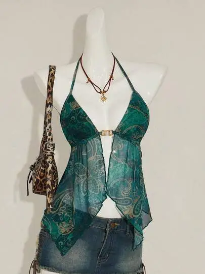 Printed Asymmetric Halter Cami