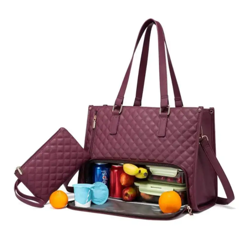 Roomy Faux Leather Quilted Lunch Tote Bag