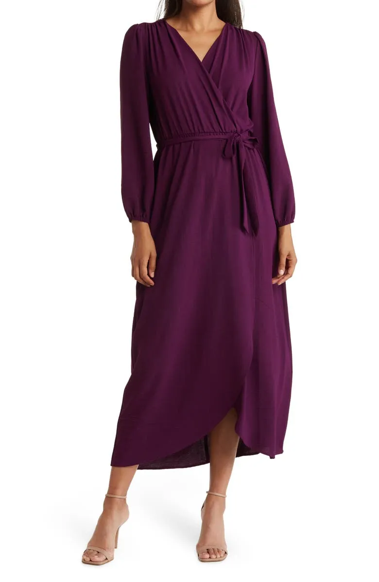 Faux Wrap Long Sleeve Maxi Dress