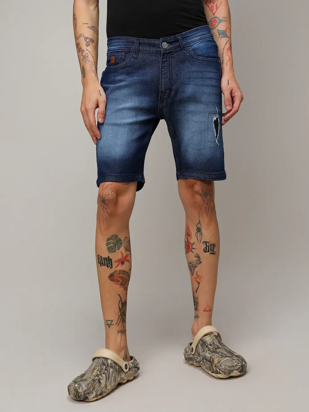 Casual Style Striped Denim Shorts