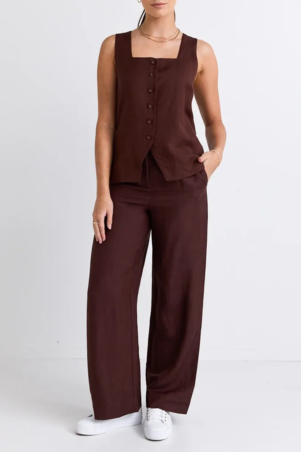 Straight Linen Pleat Wide Leg Pant