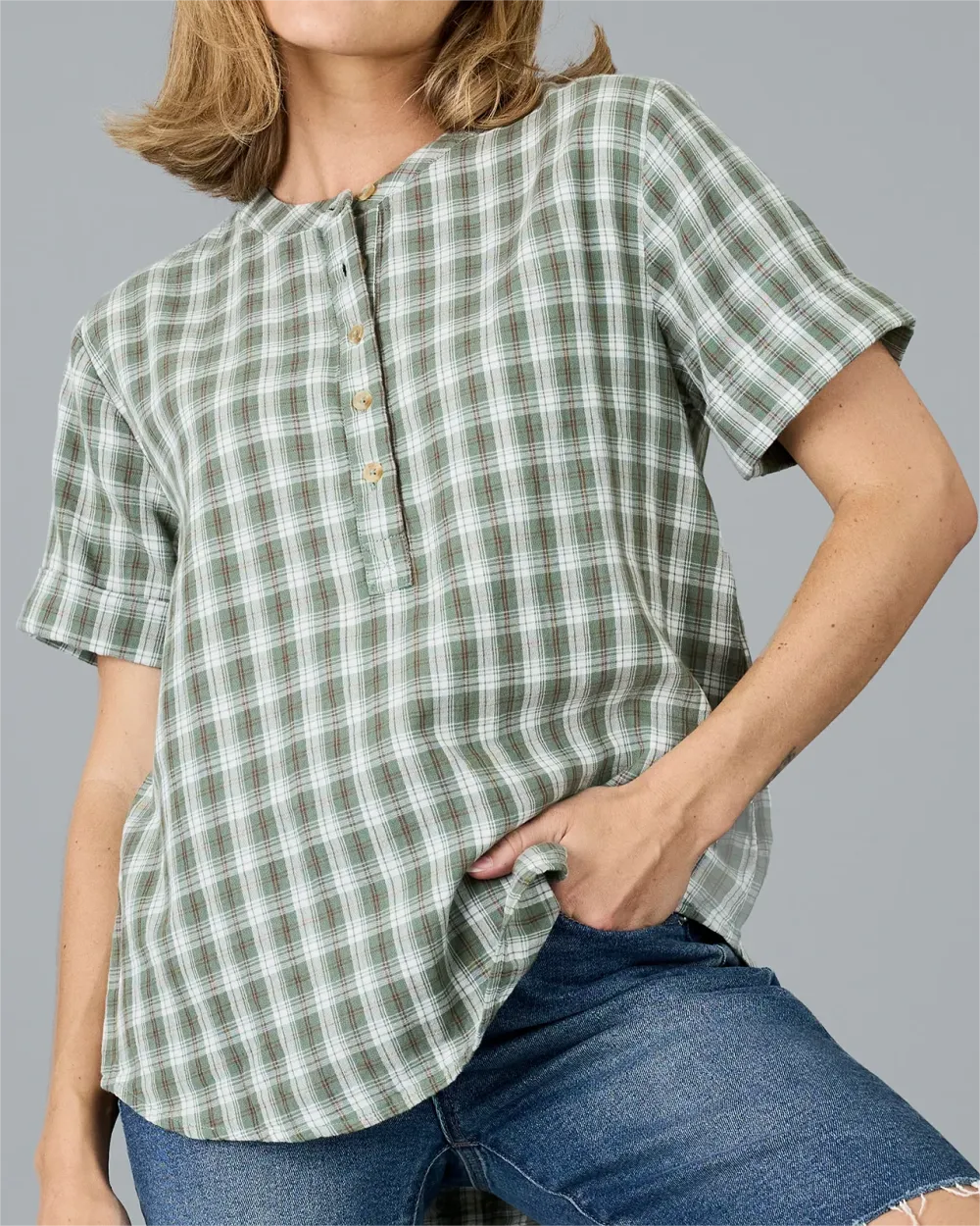 Green And White Checkered Henley Shirt