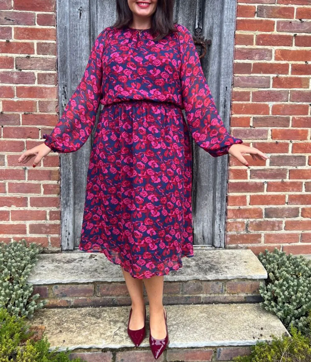 Pink Rose Print Midi Dress