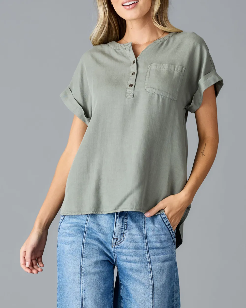 Relaxed Fit Sage Green Henley Shirt
