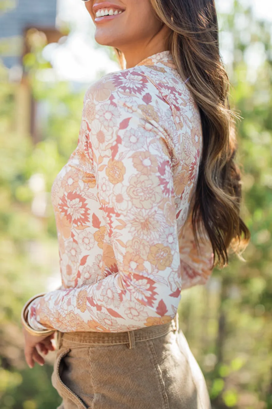 Rust And Mustard Floral Print Mock Neck Bodysuit