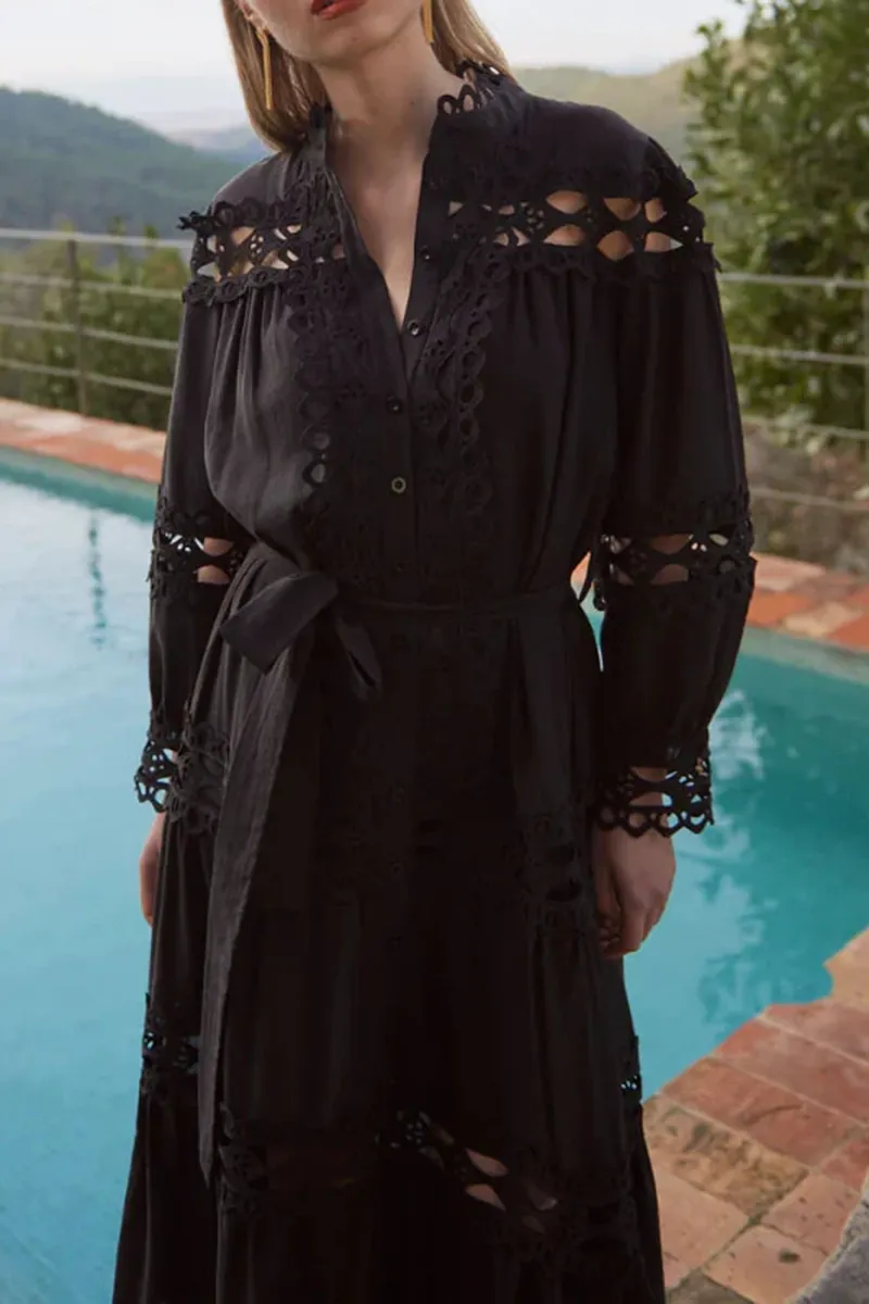 Lace Trimmed Long Sleeve Midi Dresses