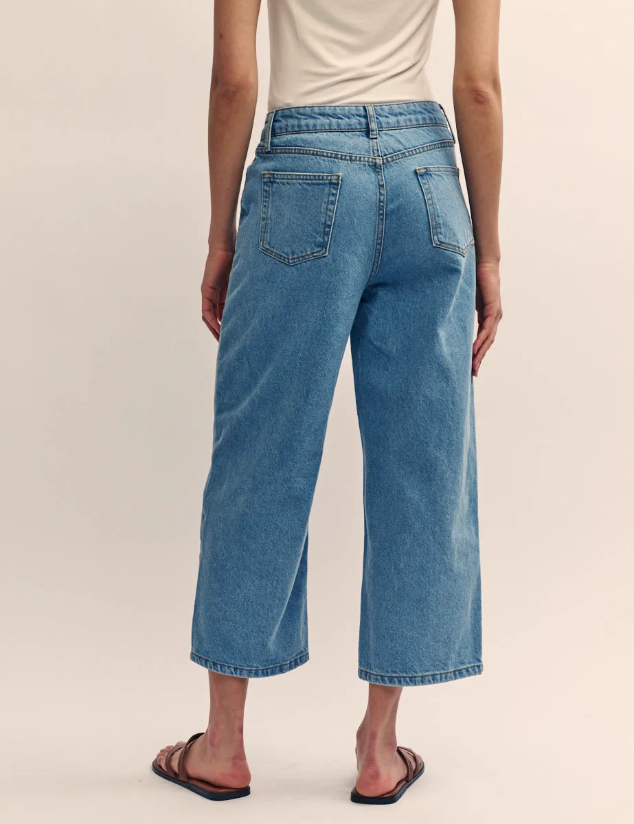 Mid Wash Denim Cropped Wide Leg Jeans
