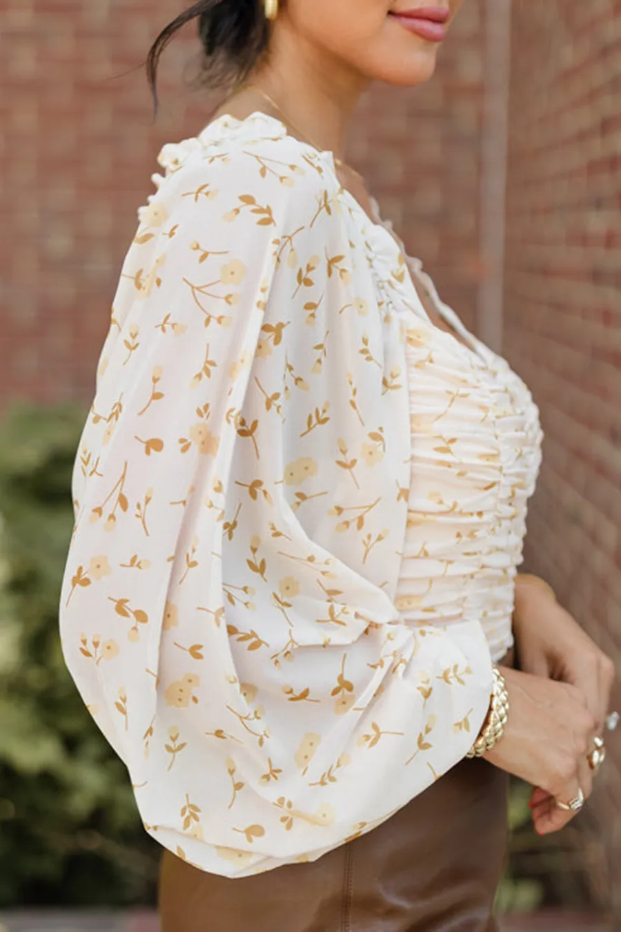 Tan Ruched Balloon Sleeve Floral Bodysuit