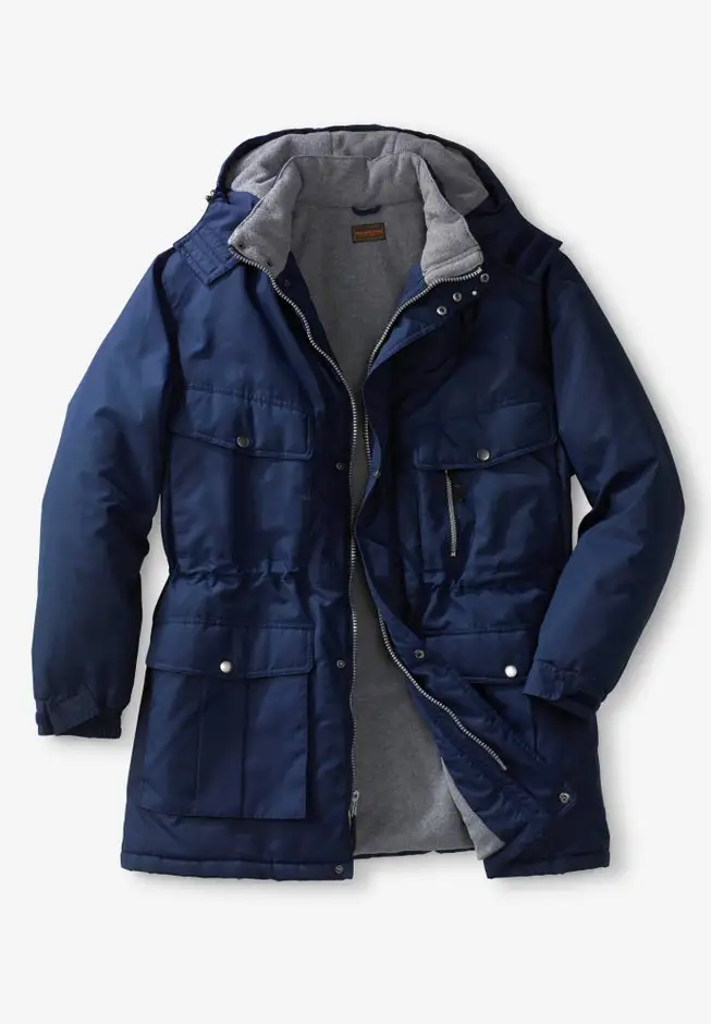 Fleece-Lined Parka with Detachable Hood and 6 Pockets