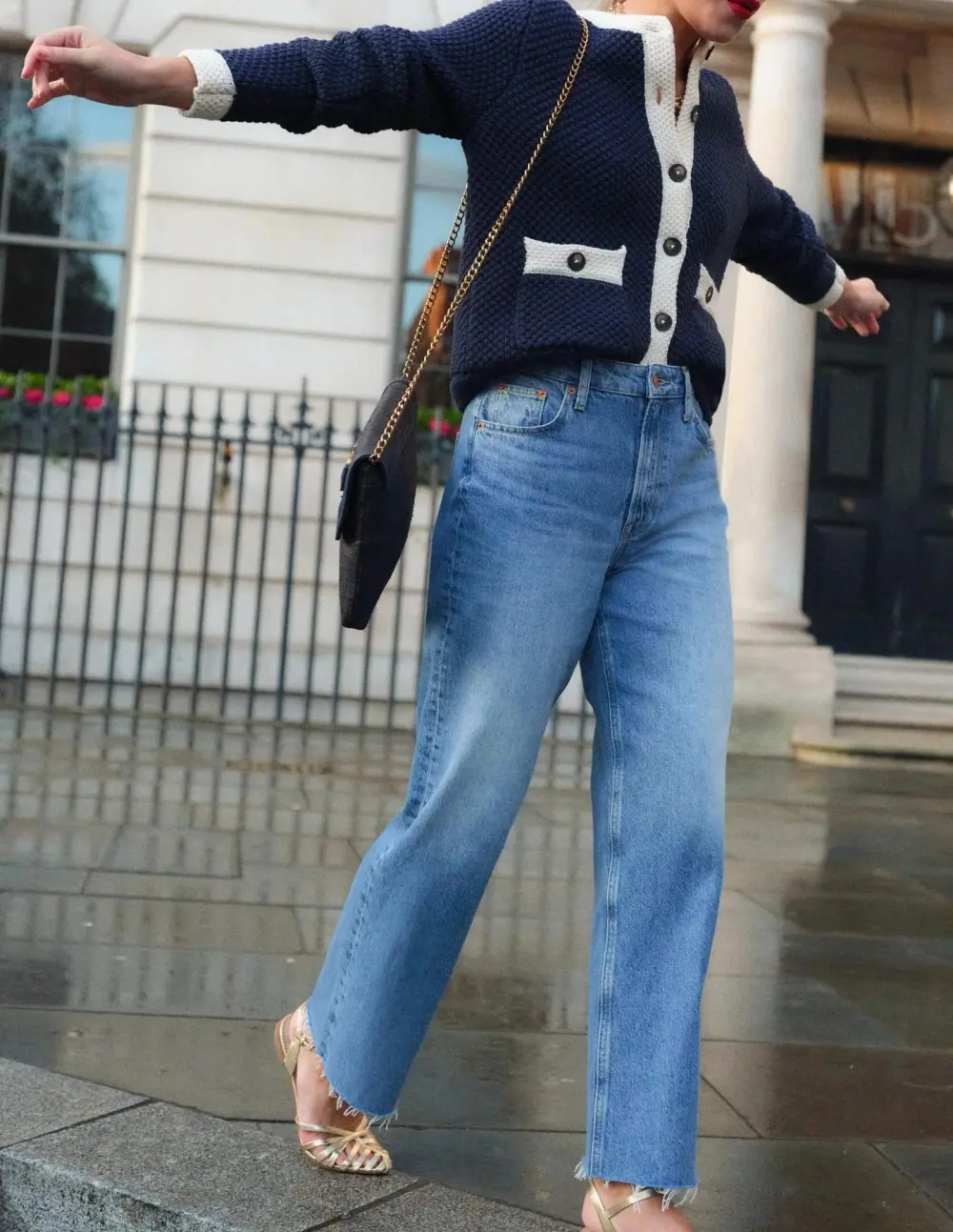 Navy and White Textured Knit Cardigan