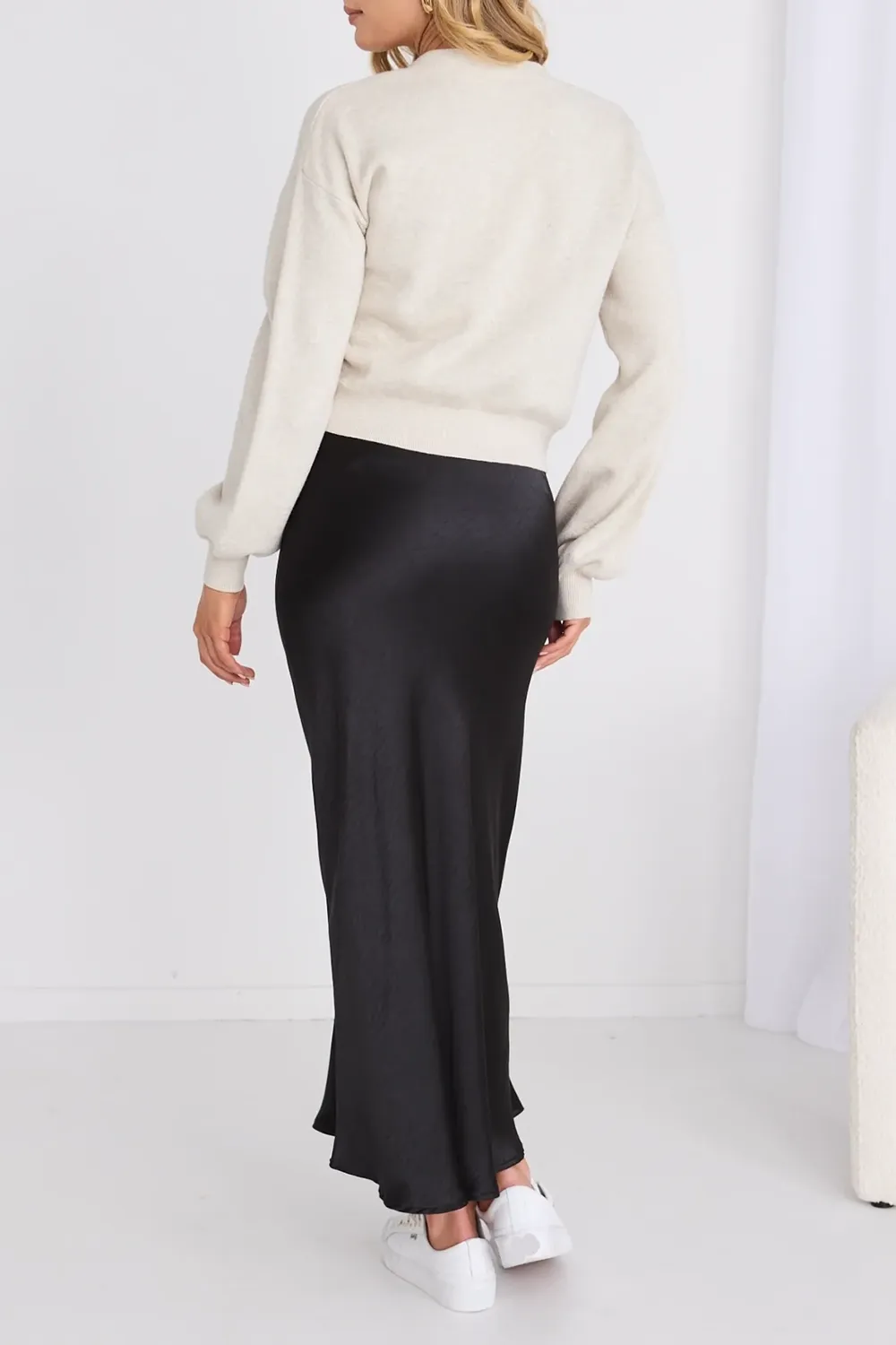 Black Satin Bias Midi Skirt