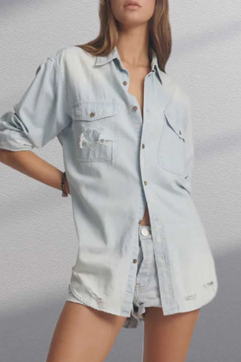 Retro Minimalist Lazy Style Light Blue Long-Sleeved Shirt