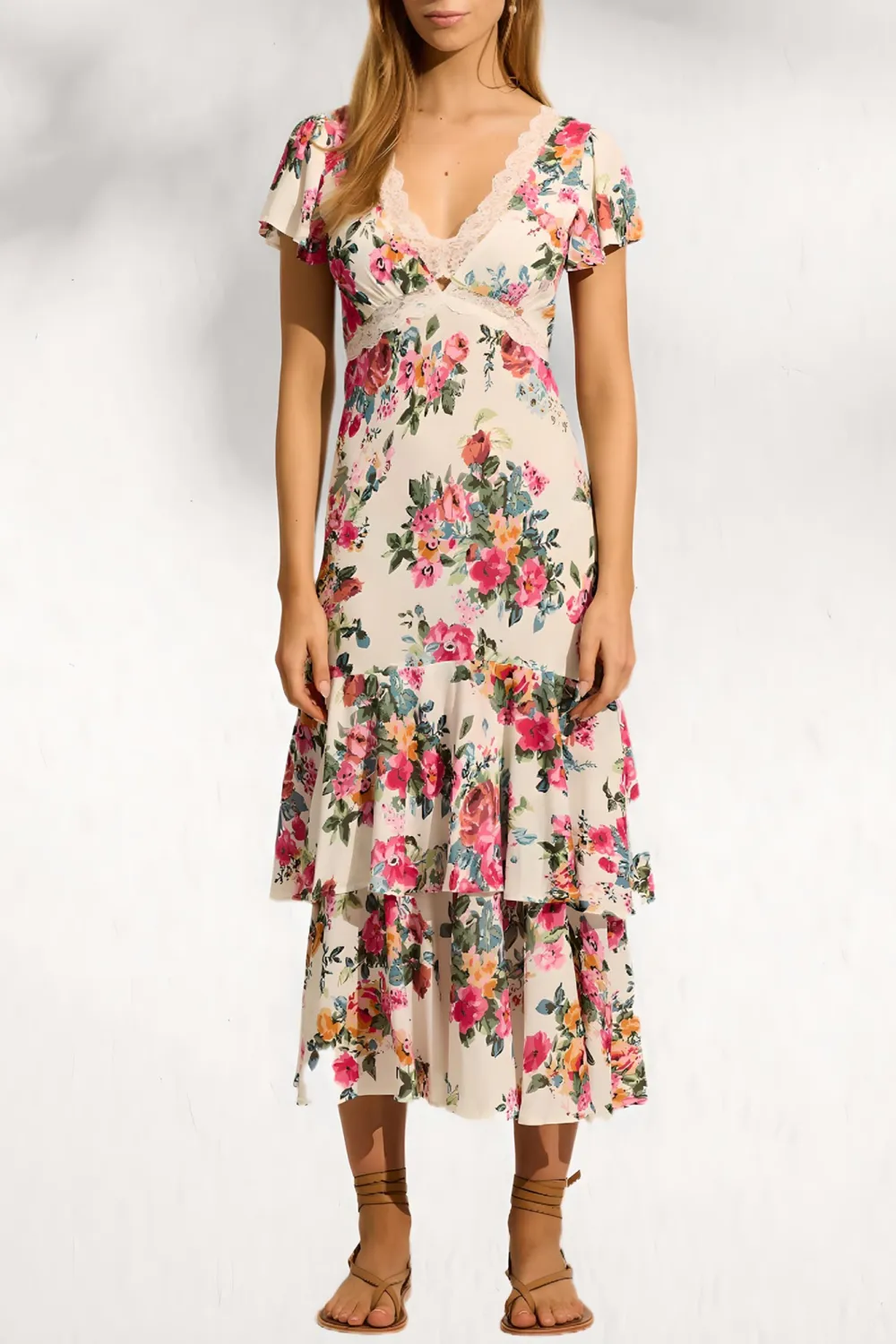 White Printing Simple Temperament V-Neck Dress