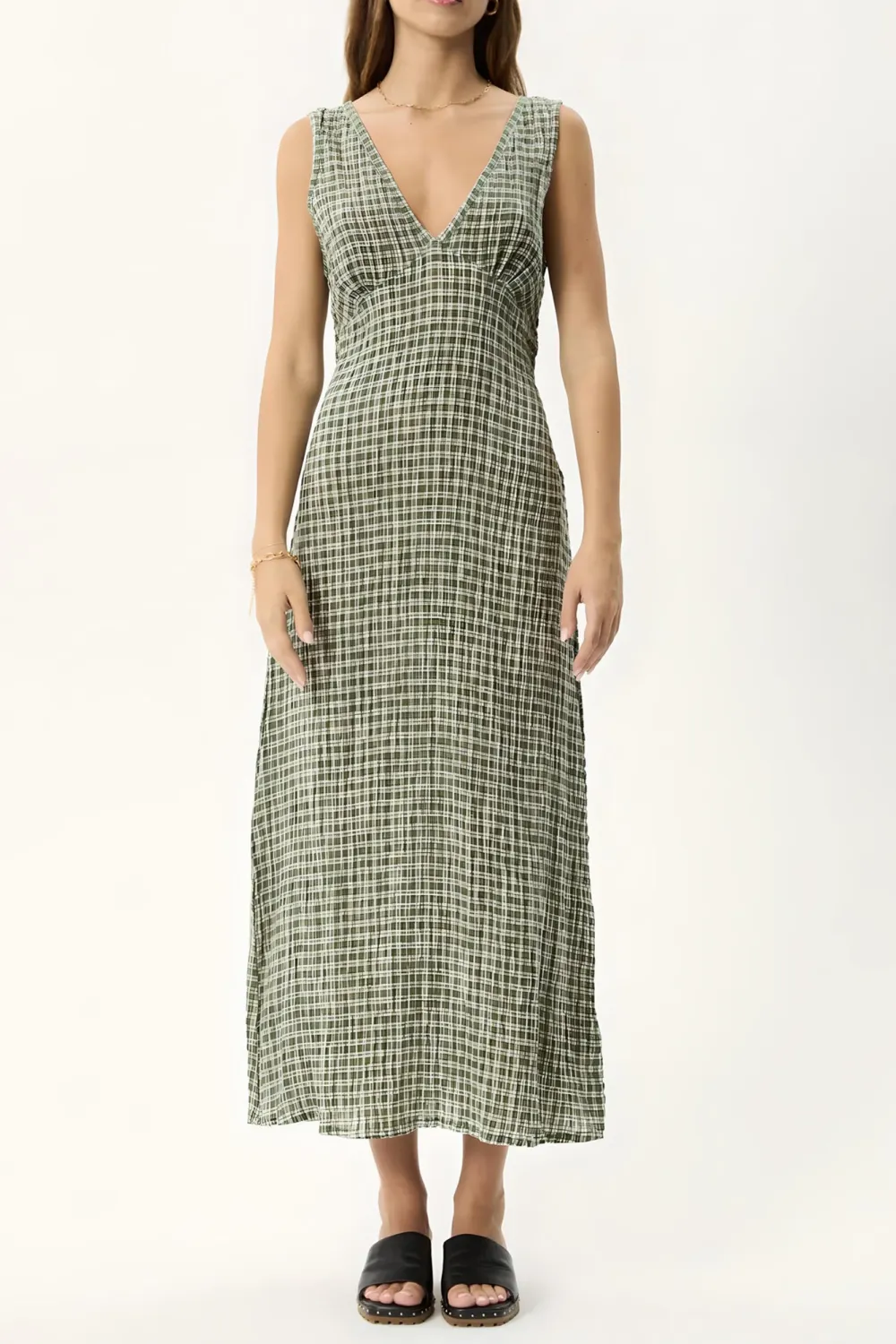 Deep Green High-End Simple Plaid V-Neck Dresses