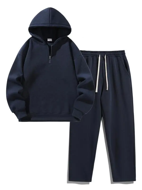 🔥Last Day Promotion 89% OFF🔥Men's Plain Drop Shoulder Sweatsuit Set - Half Zip Hoodie & Drawstring Sweatpants With Pockets