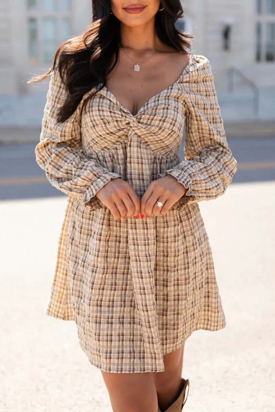 Sweetheart Neckline Plaid Dress