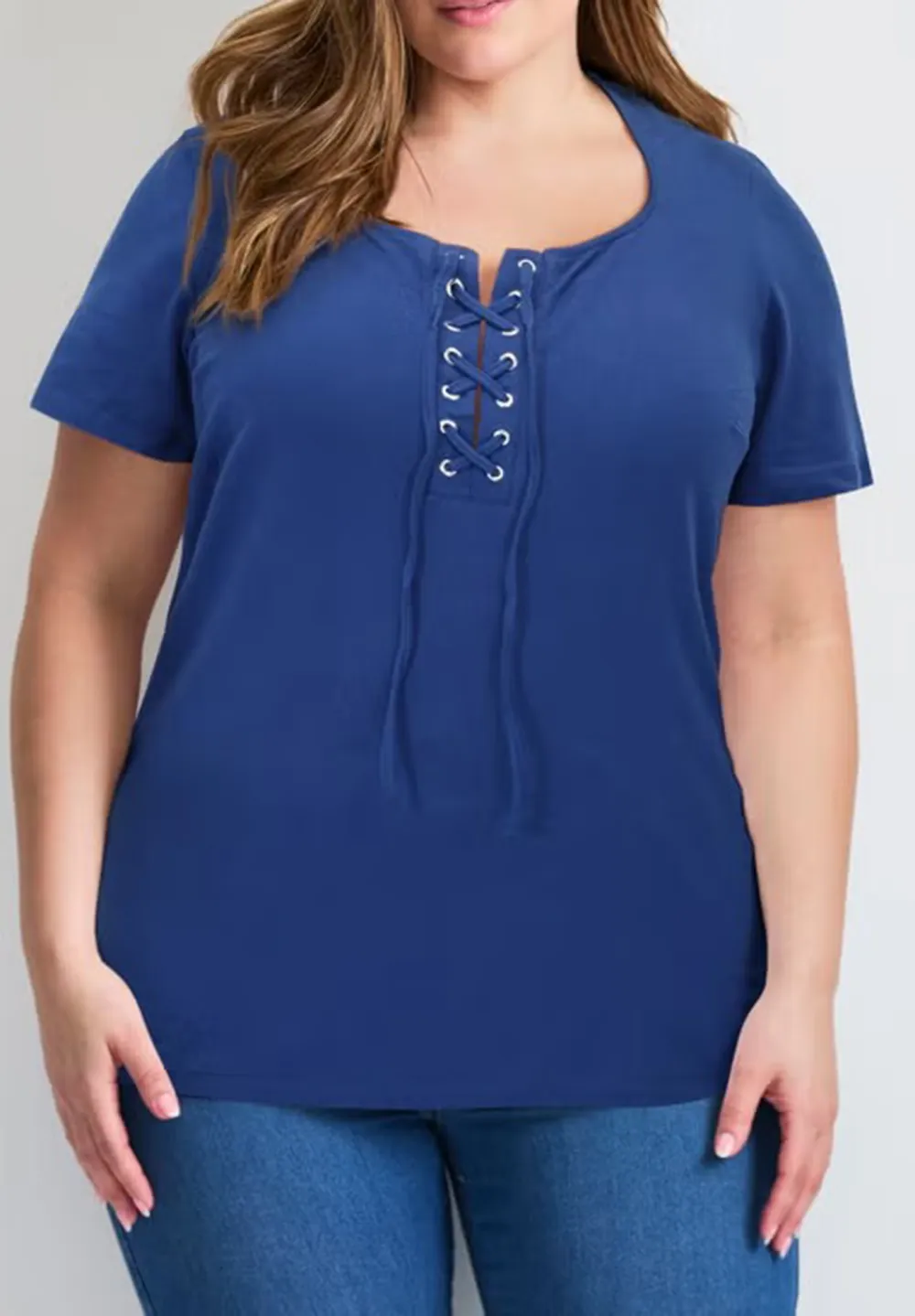 Solid Color Drawstring Front Placket T-Shirt