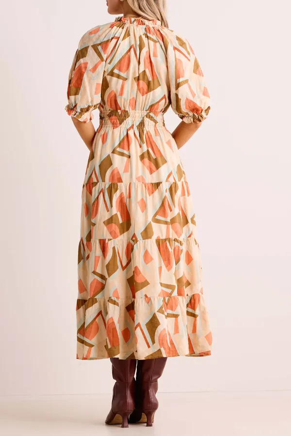 Multicolored Abstract Print Tie-Waist Maxi Dress