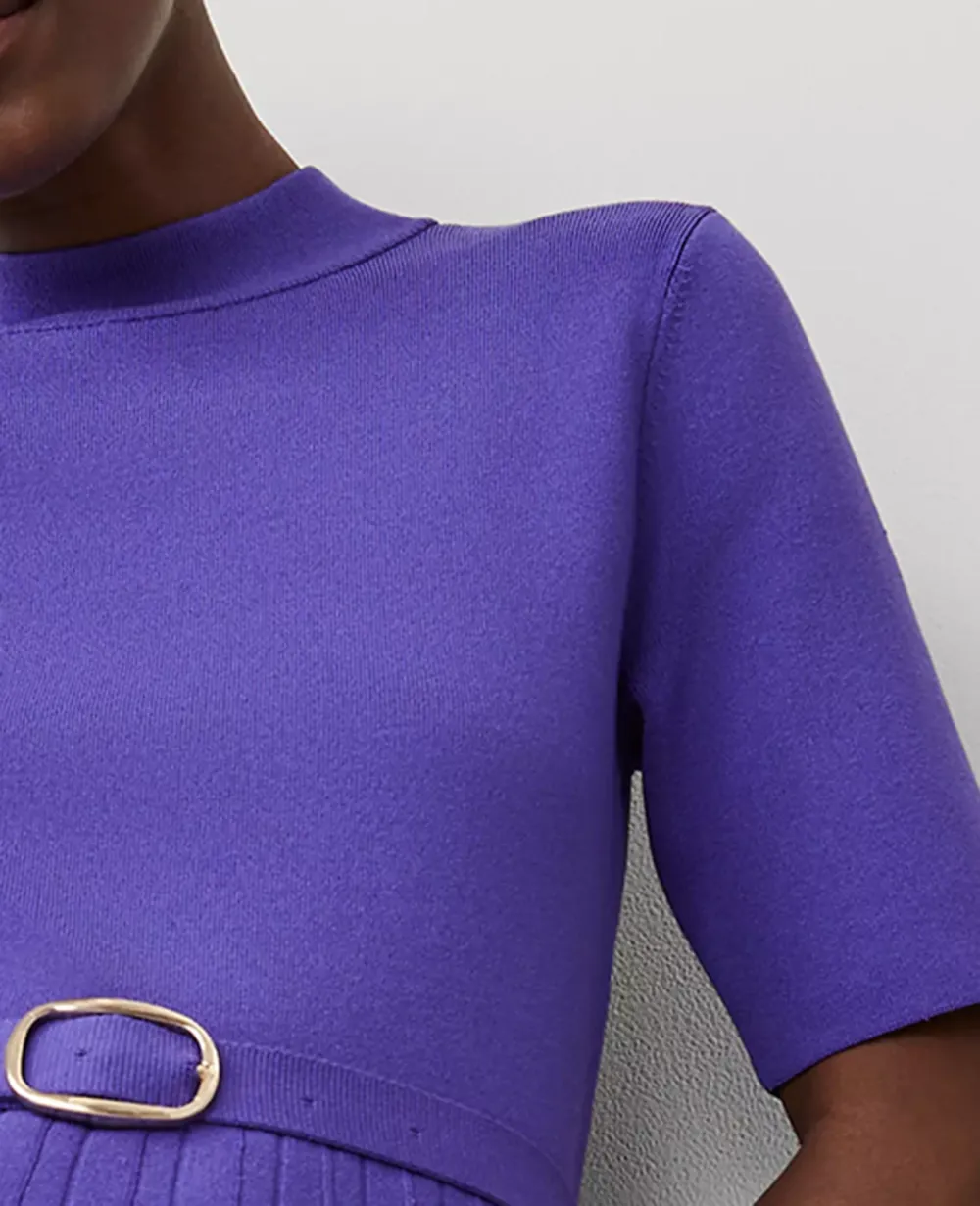 Mock Neck Belted Pleated Dress