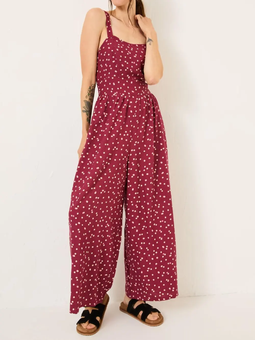 Burgundy Neckline Square Pattern Plain Jumpsuit