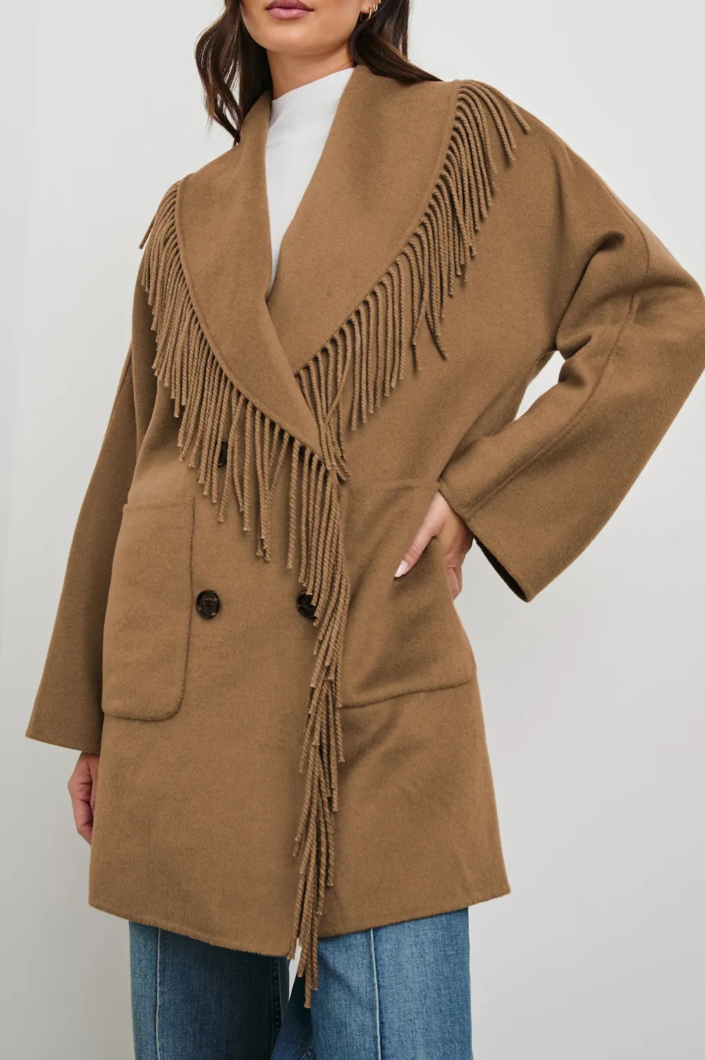 Wool Coat With Fringed Collar Design