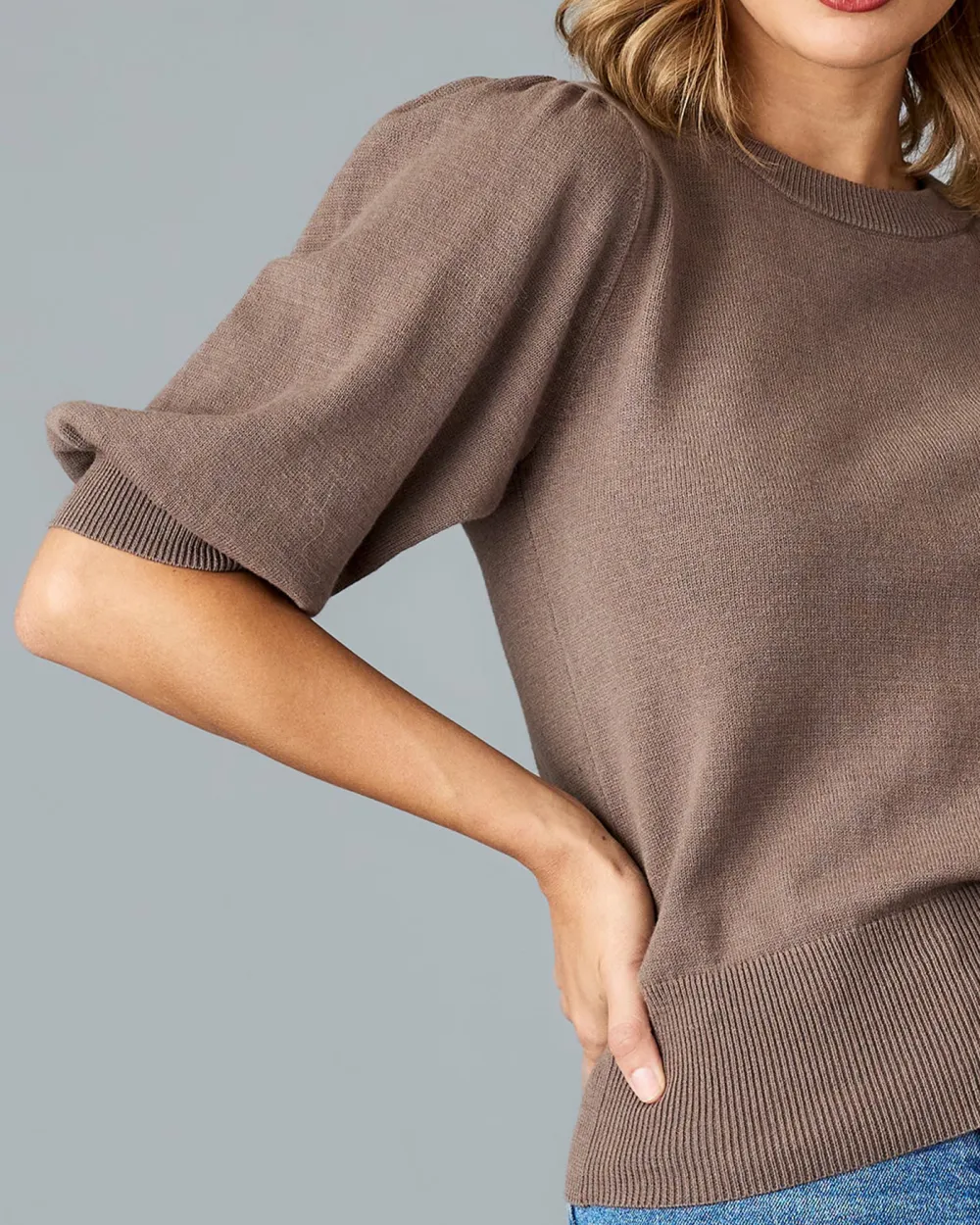 Puff Style Long Sleeves Brown Sweater