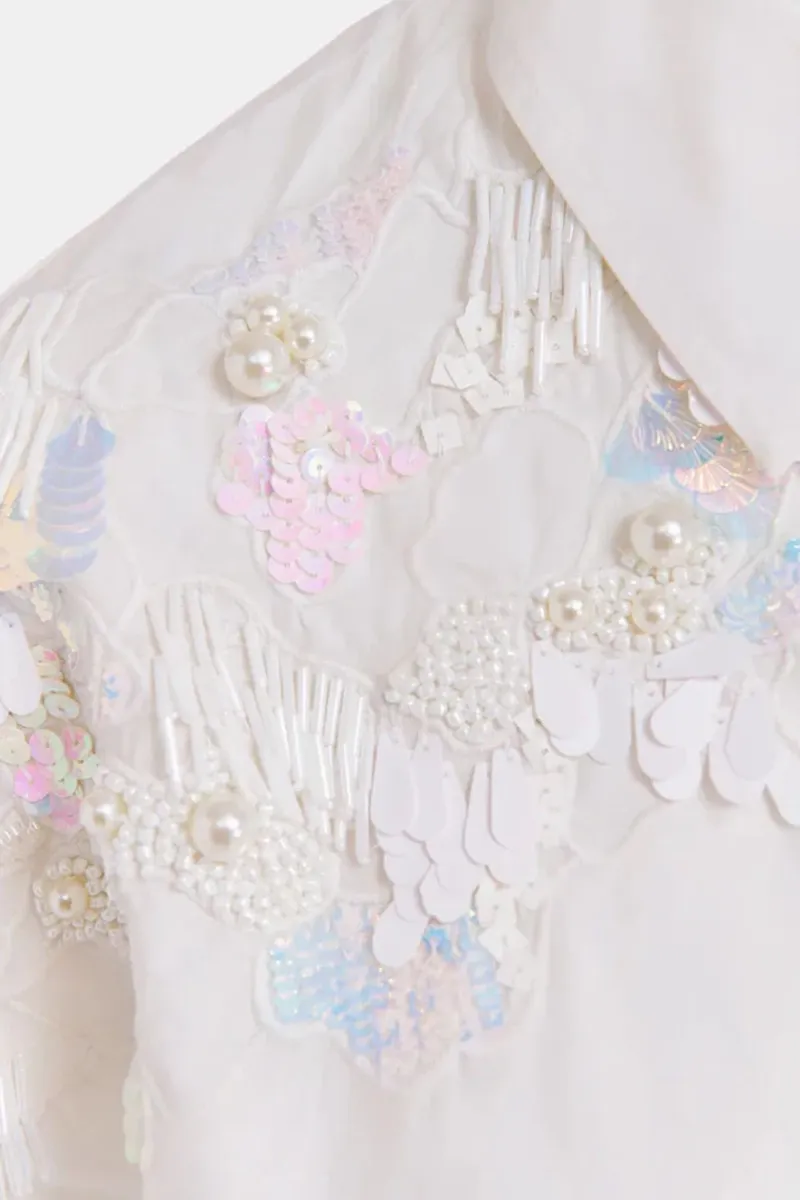 Embroidered Detail Button Up White Shirts