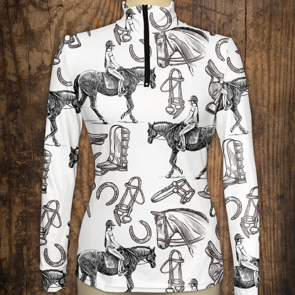 Women's Riding Style Horse Rider And Equestrian Equipment Print Long Sleeve Casual Shirt