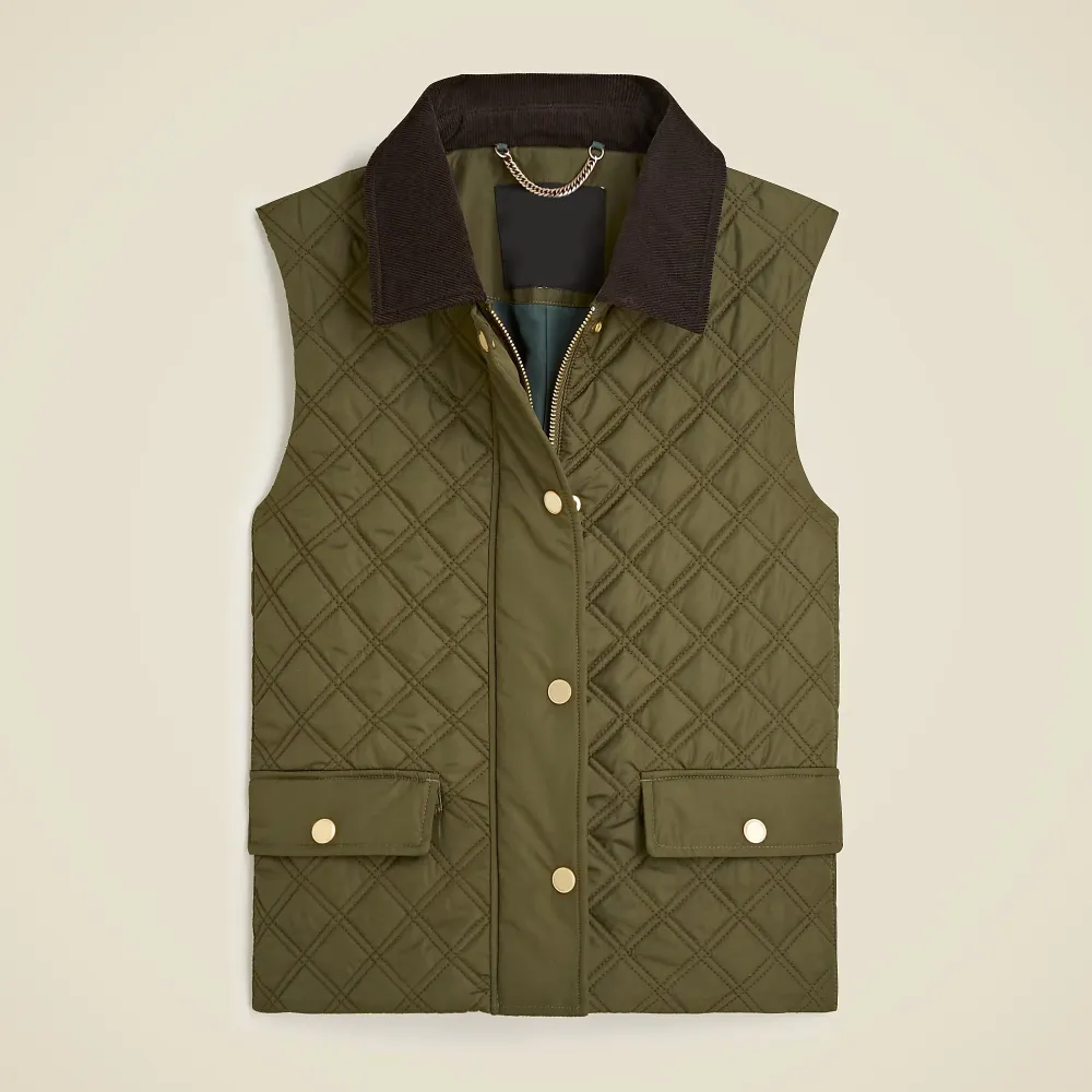 Corduroy-trim Quilted Vest In Green