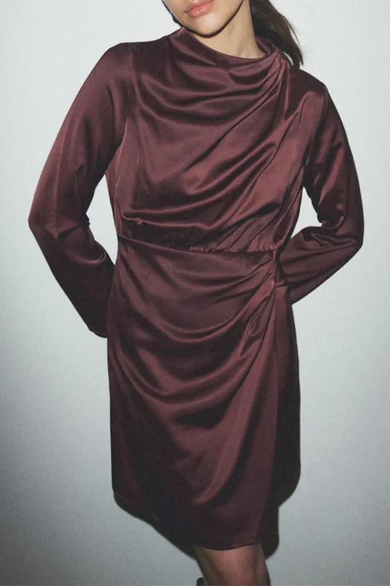 Draped Cowl Neck Long Sleeve Mini Dresses