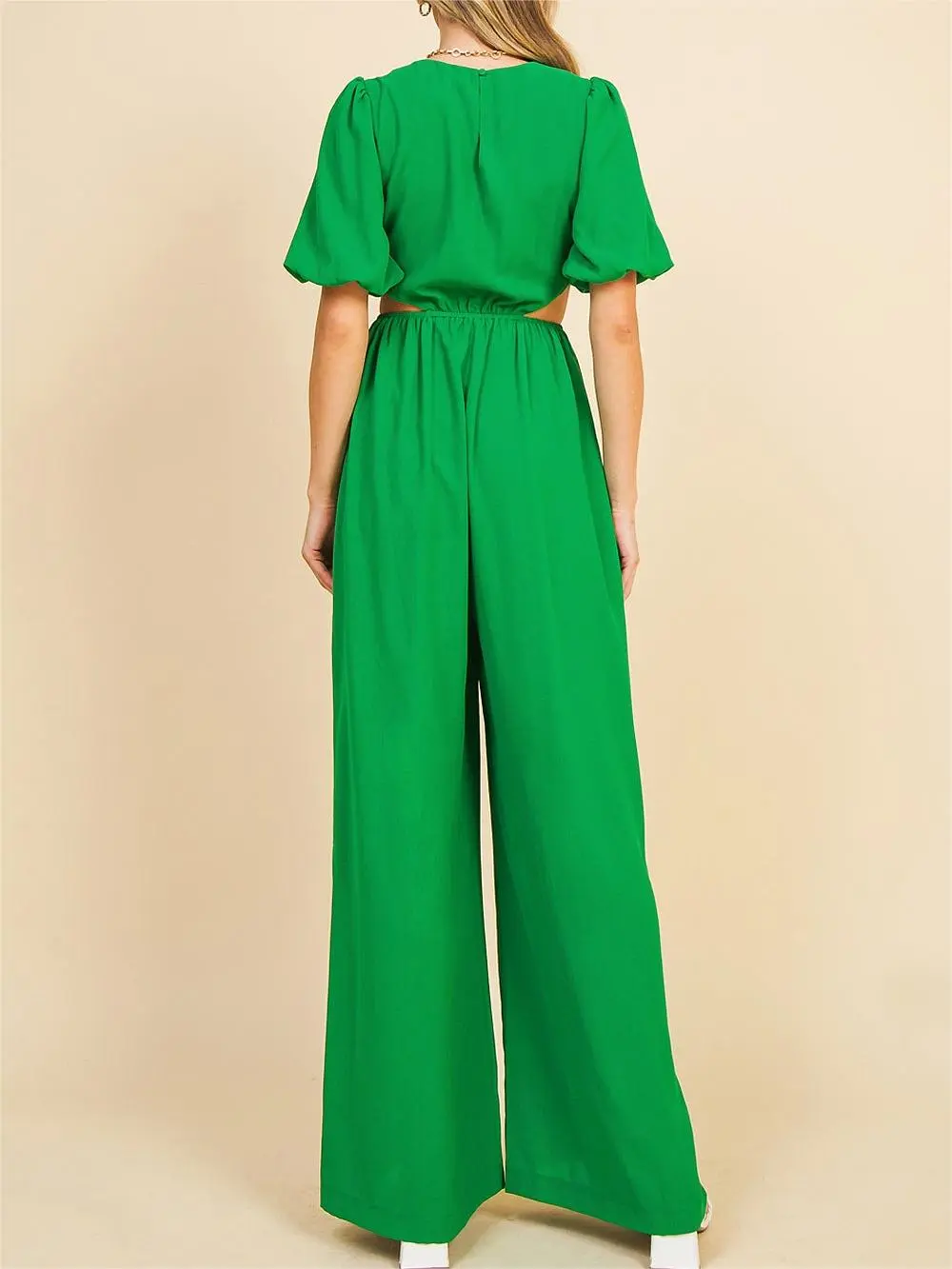 Emerald Green Cut - Out Puff - Sleeve Jumpsuit