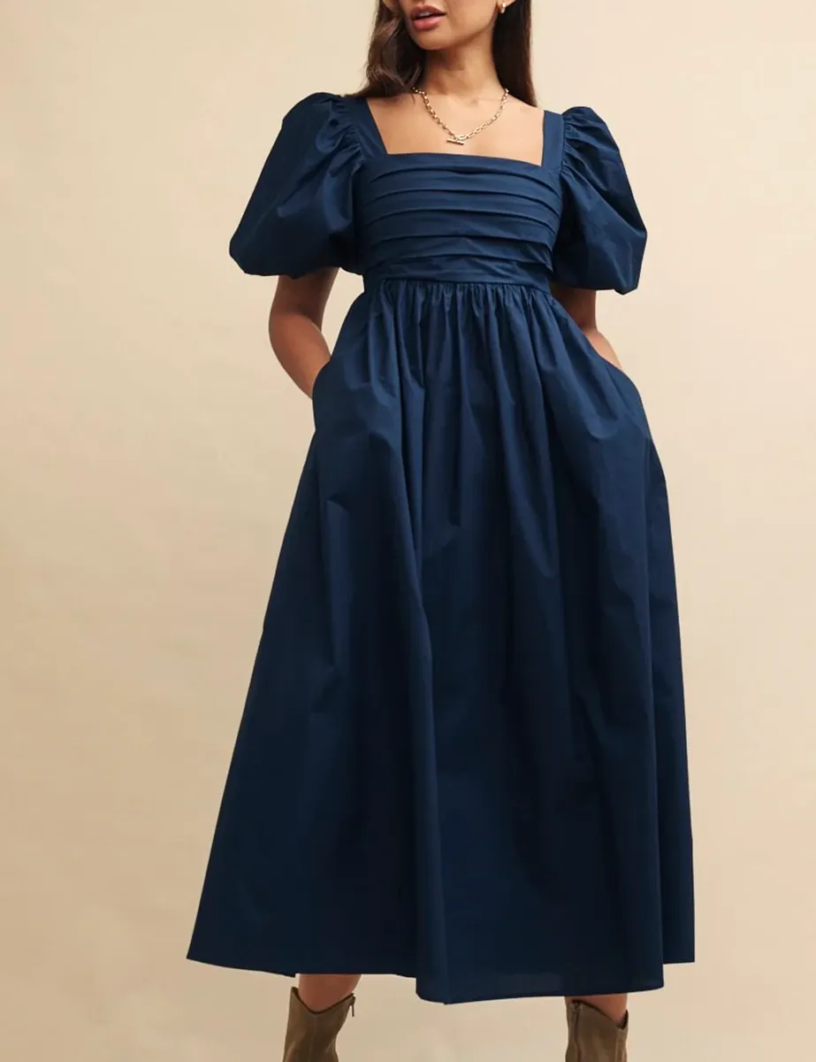 Navy Blue Ruched Bodice Midi Dress