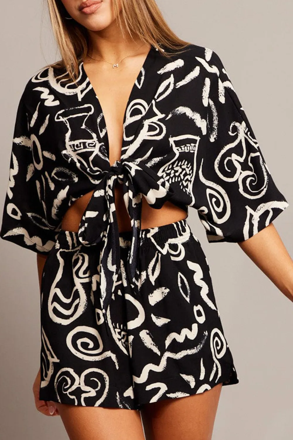 Black Abstract Tie Up Bolero Short Sleeve