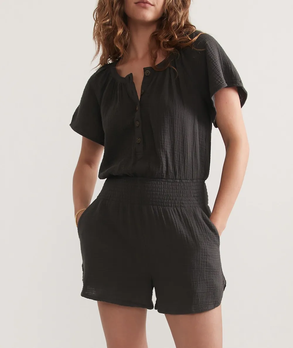 Short-Sleeve Buttoned Linen Romper