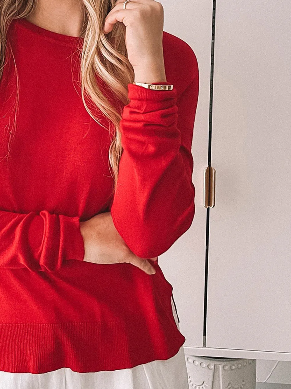Red Crew Neck Knit Top