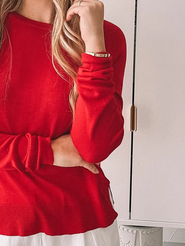 Red Crew Neck Knit Top